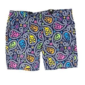 Loudmouth Skulls Shorts Womens 14 Golf Blue Neon Paisley  Crossbones Stretch